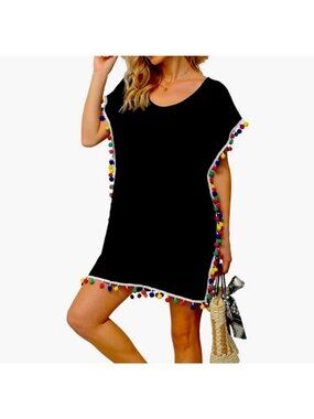 Chic Soul Black Swim Cover With Colorful Pom-Pom Trim & White Crochet Detailing